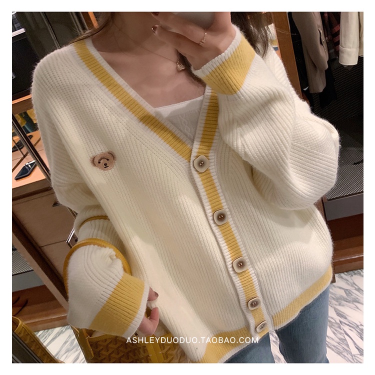 Áo sweater tay dài dáng rộng cổ chữ V thời trang Hàn Quốc năng động