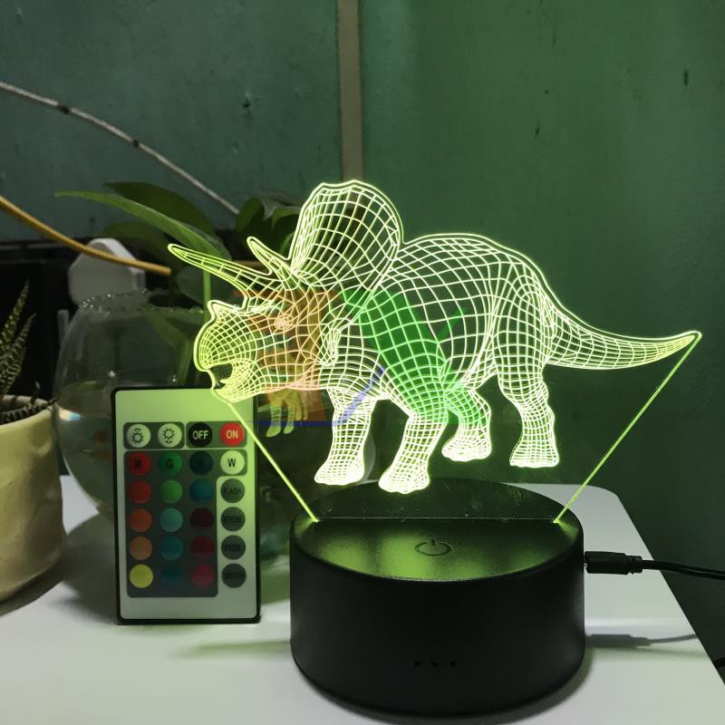 Đèn ngủ, Đèn trang trí Led 3D, Đèn ngủ 16 màu mini có điều khiển hình Khủng Long Triceratops