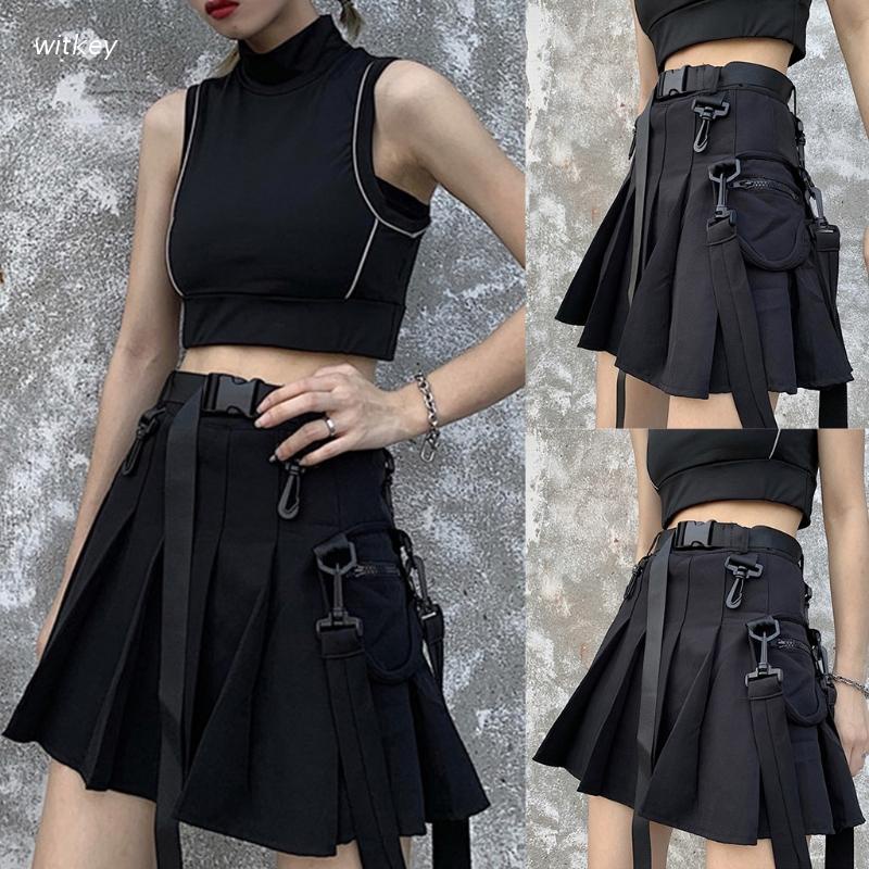 Chân váy ngắn lưng cao dáng chữ A màu trơn phối túi và khóa kéo phong cách punk Harajuku cho nữ
