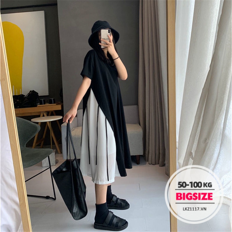 Đầm thun dáng dài Bigsize Váy nữ Giả Hai Xuông tay ngắn cổ tròn mùa hè Phong cách Hàn Quốc Thời Trang cá tính xinh đẹp bigsizegiaree