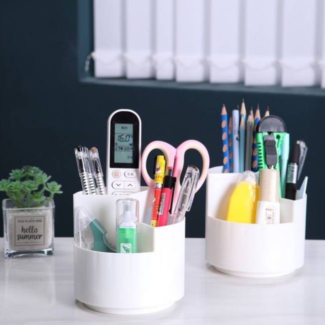 Ống Đựng Bút Để Bàn Xoay 360 Độ 3 Ngăn Đa Năng Decor Bàn Học Phòng Làm Việc