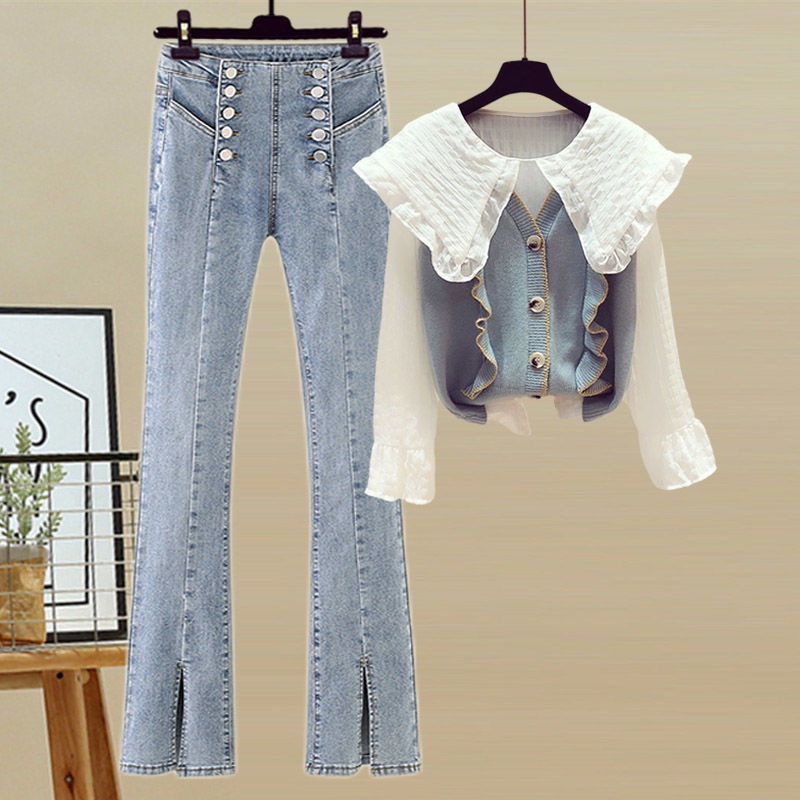 Set áo sơ mi tay dài + áo len không tay + quần jeans lưng cao thời trang cho nữ 200kg