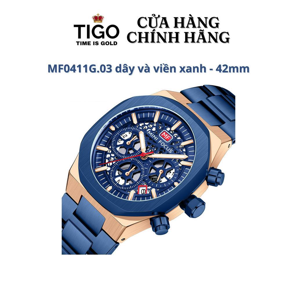 Đồng Hồ Nam MINI FOCUS MF0411G.03 Dây Thép Xanh Lộ Máy Thép Không Gỉ Cao Cấp Mặt Tròn Đường Kính 42mm Chống Nước