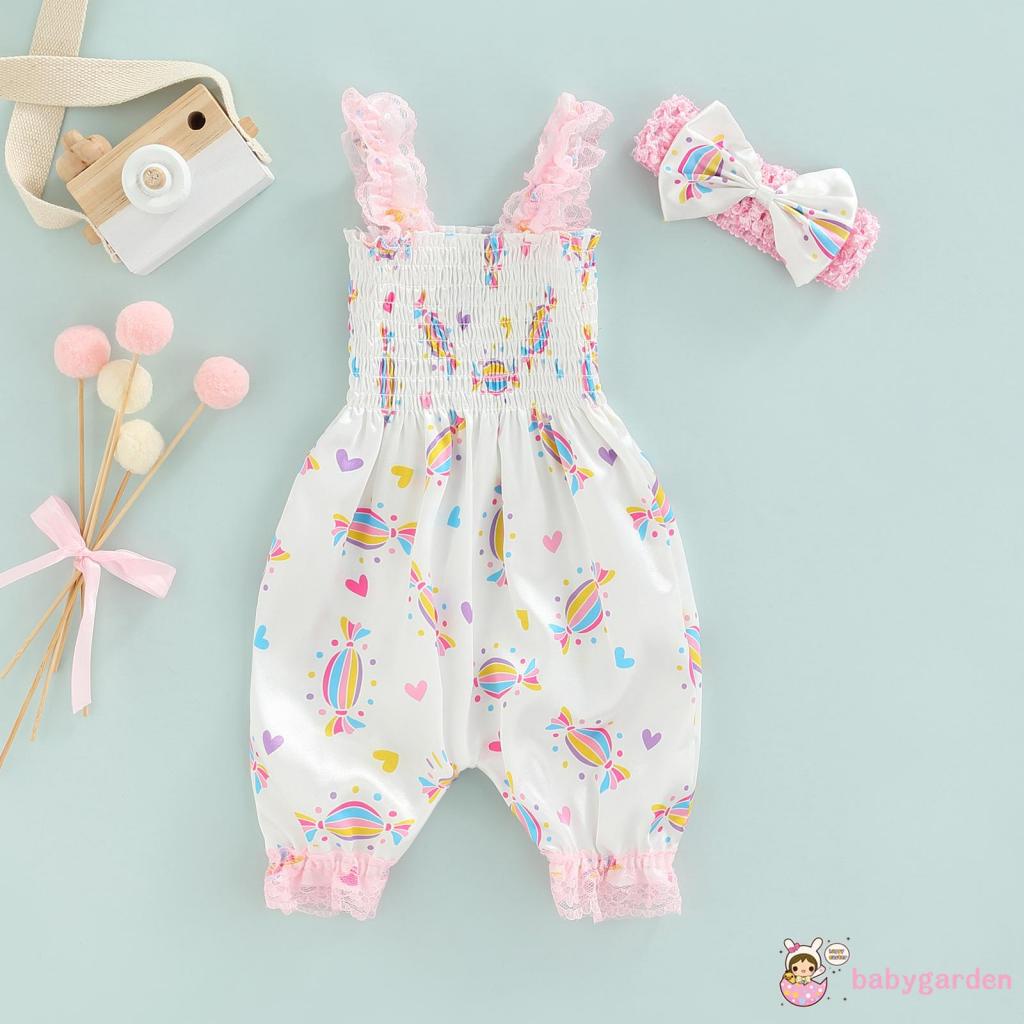 Bộ Áo Liền Quần Hai Dây Phối Ren Hoa Cho Bé Gái 0-18 Tháng Tuổi