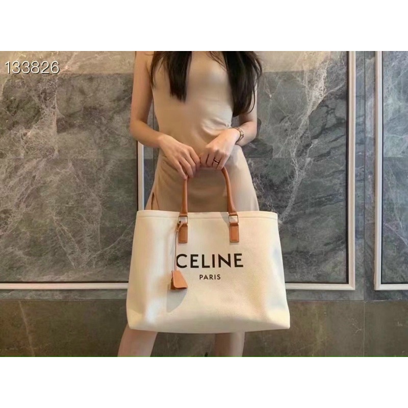TNS-Túi tote canvas vừa laptop siêu hottrend Celinie Horizontal Cabas tote bag-chất canvas phối da nâu vintage