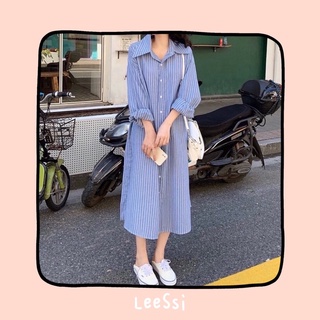 Đầm sơ mi sọc tay dài form rộng có kèm dây lưng