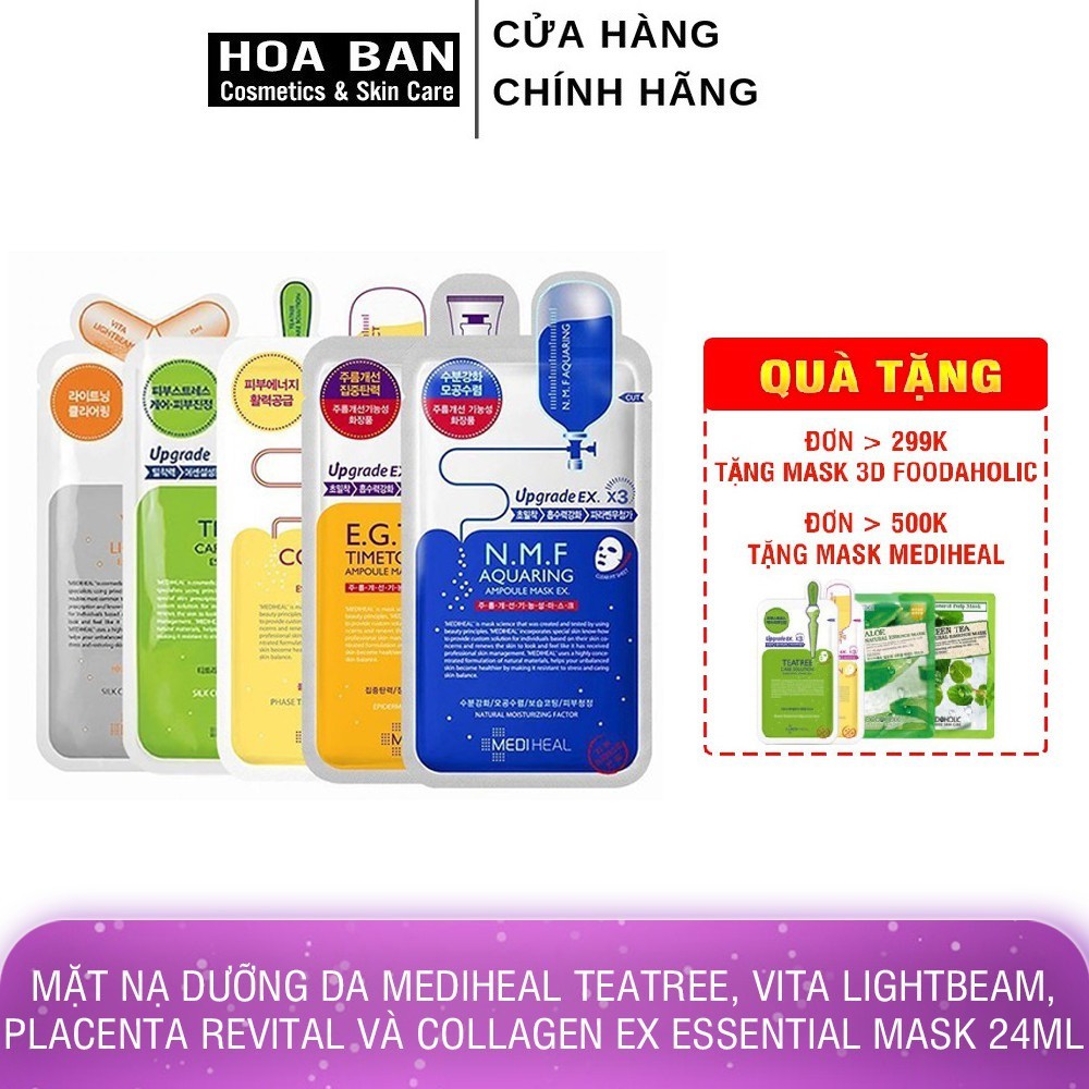 Mặt nạ dưỡng da Mediheal Teatree, Vita Lightbeam, Placenta Revital và Collagen EX Essential Mask 24ml - Hoa Ban Cosmetic