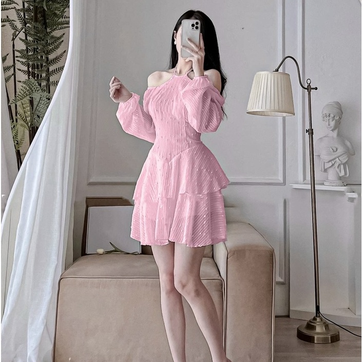 Đầm nữ váy yếm ren bi cột cổ 4 màu hồng xanh lá xanh dương chụp ảnh đẹp Kawaii Mise