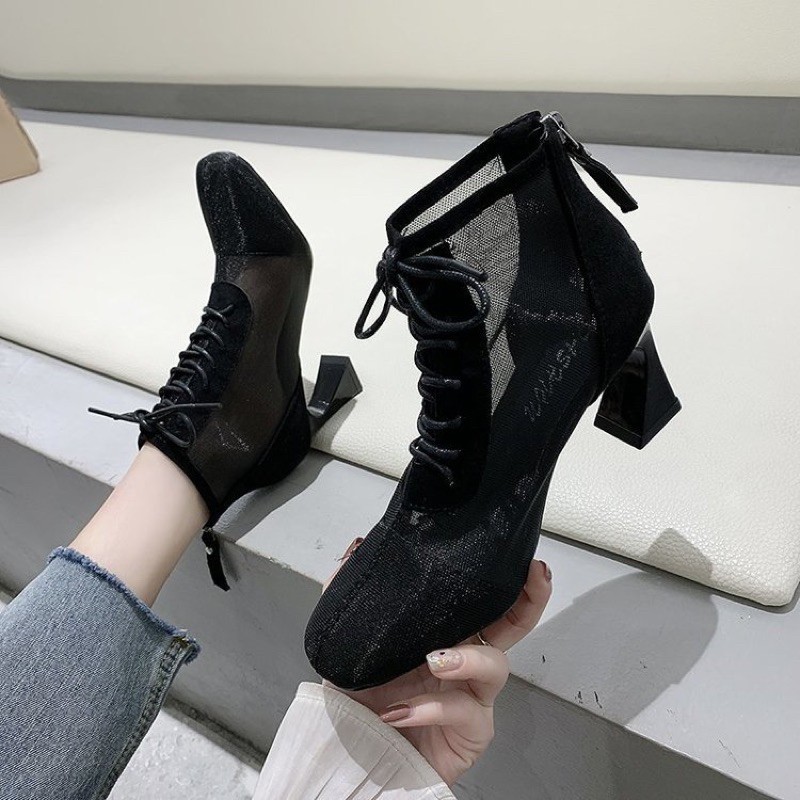 Giày boots cao gót 💋 FREESHIP 💋giày bốt mũi chòn phối lưới thời trang nữ