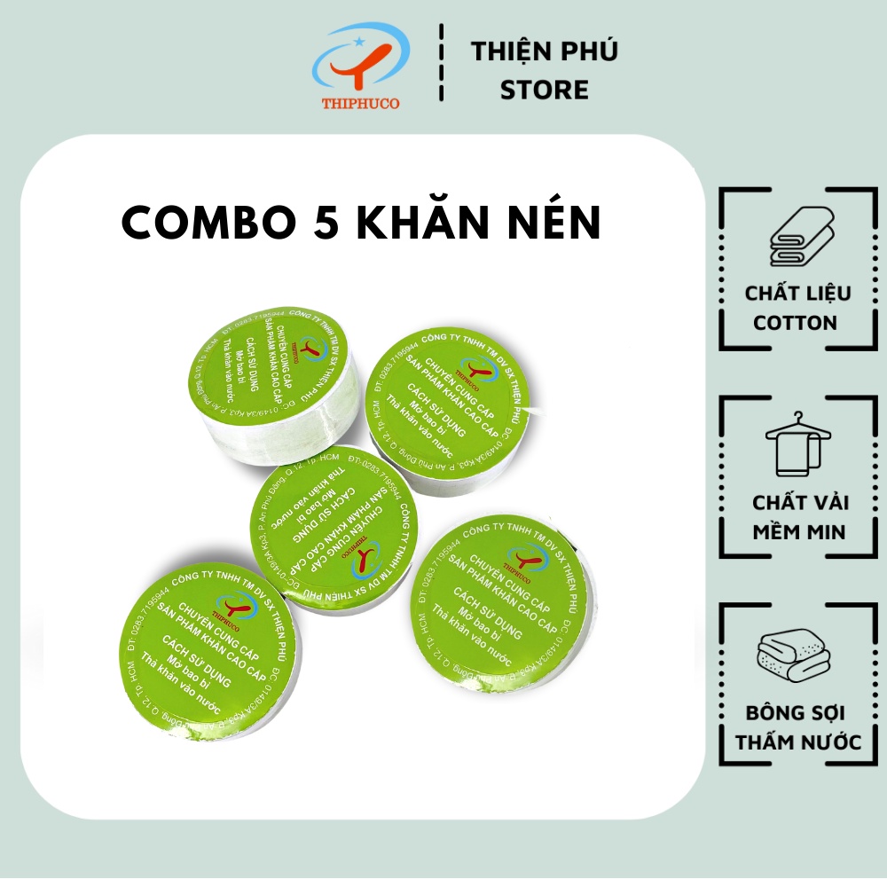 COMBO 5 Khăn Tắm Nén Du Lịch Thiện Phú 50*100, Khăn Nén Cotton Tự Nhiên Thấm Nước Tốt Tái Sử Dụng Nhiều Lần