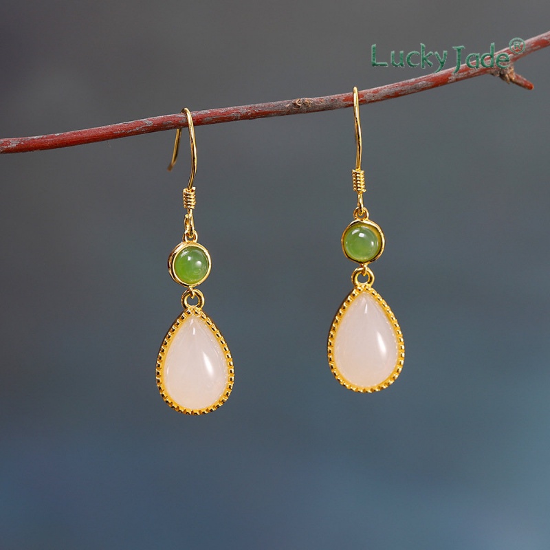 Bông Tai Mạ Bạc 925 Đính Ngọc Bích Trắng Phong Cách Trung Hoa Cổ Điển