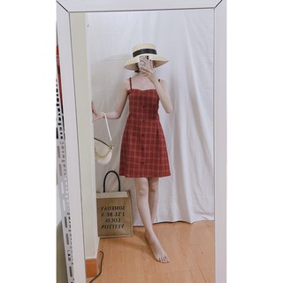 Váy, đầm 2 dây nữ kẻ caro đỏ nơ lưng dáng ngắn