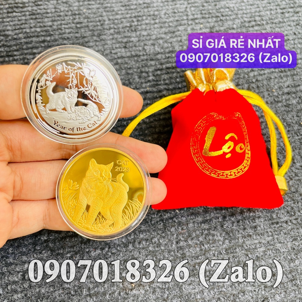 Combo xu con Mèo Úc vàng bạc sang chảnh lì xì tết 2023 - túi LỘC nhung đỏ tặng kèm
