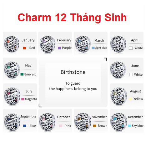 Bộ sưu tập charm 12 tháng sinh bạc 925 màu sắc tương ứng đem lại may mắn