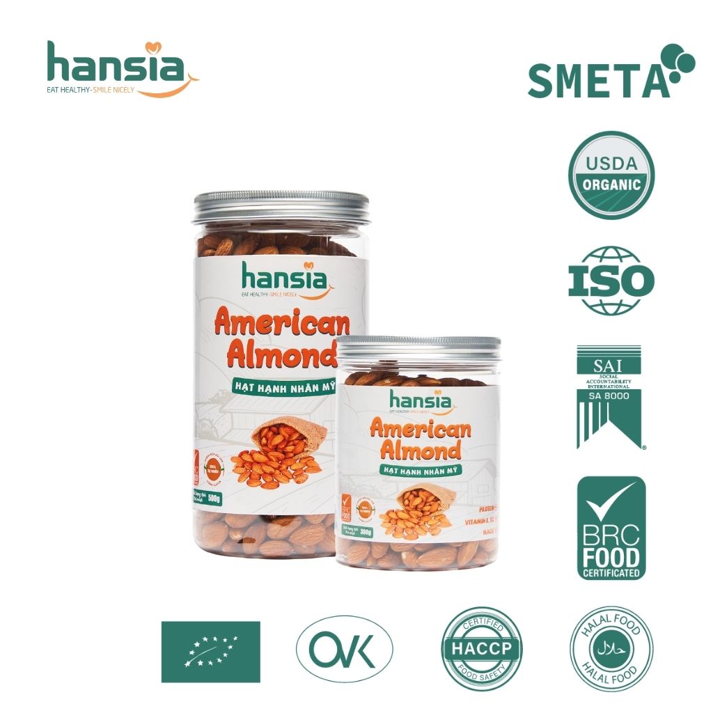 Hạt Hạnh Nhân Organic HANSIA Thơm, Ngậy Giàu Protein, Vitamin Và Khoáng Chất Thiết Yếu Tốt Cho Cơ Thể Hộp 300g - 500g
