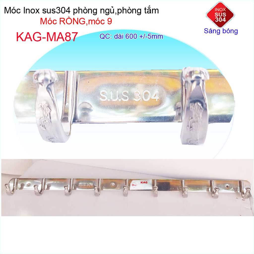 Móc rồng treo quần áo inox 304 cao cấp dày, móc Kace 9 móc treo đồ nhà tắm KAG-MA87