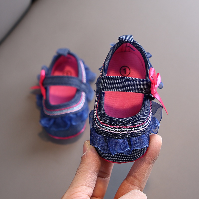 Giày Công Chúa Đế Mềm Chống Trượt Phối Ren Hoa Xinh Xắn Cho Bé Gái 0-18 Tháng Tuổi Walkers