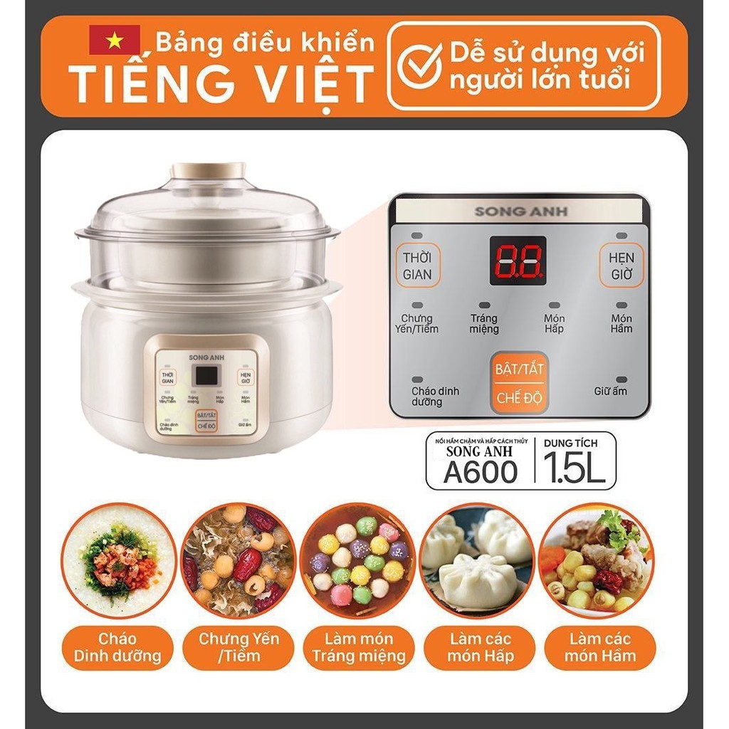 Nồi Hầm Cháo Chậm, Nồi Chưng Yến Nồi Hấp Cách Thủy 2 Tầng  1.5L Song Anh Cao Cấp | WebRaoVat - webraovat.net.vn