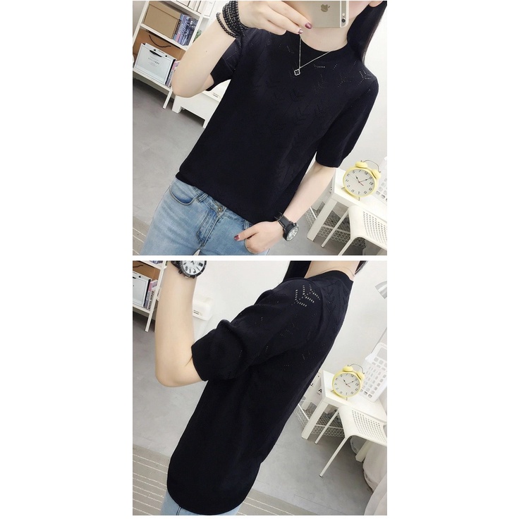 Áo Thun Dệt Kim Ngắn Tay Cổ Tròn Họa Tiết Kẻ Sọc Thời Trang Mùa Hè Cho Nữ