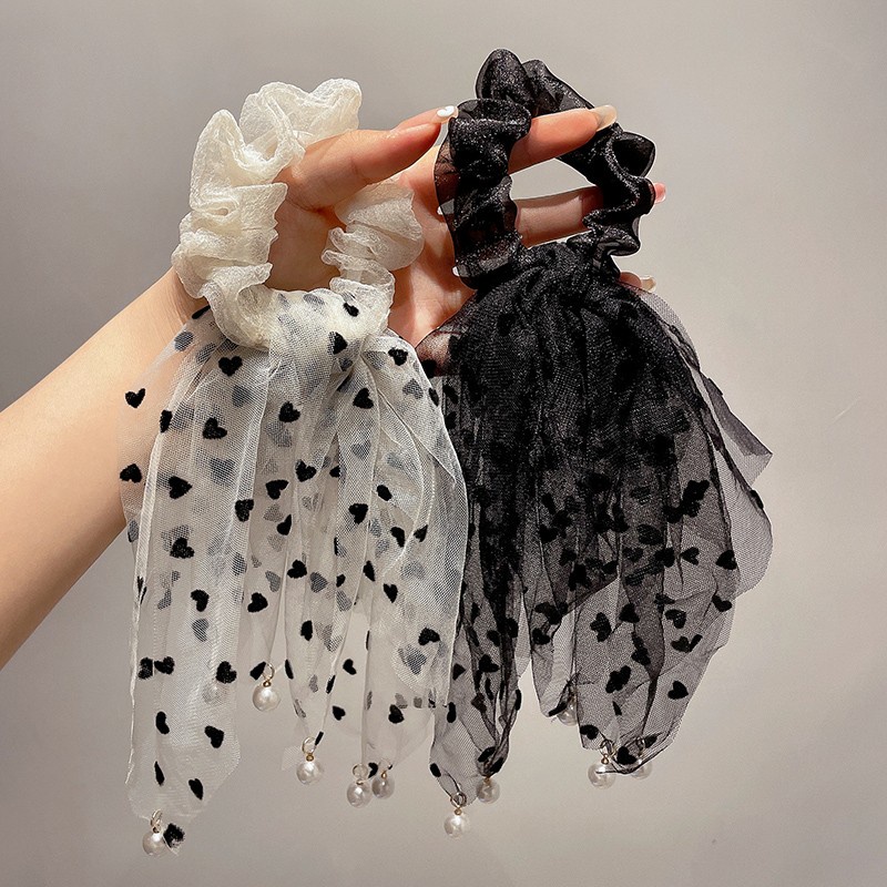 Dây Buộc Tóc Thắt Nơ Vải Lưới Họa Tiết Chấm Bi Đính Ngọc Trai Thời Trang Mùa Hè