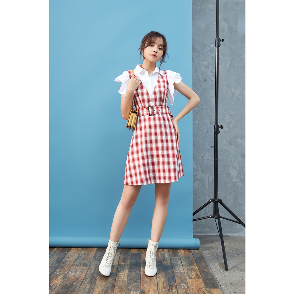 Đầm ngắn tay sọc caro phối áo trắng có đai DEW0565 - 92WEAR | BigBuy360 - bigbuy360.vn