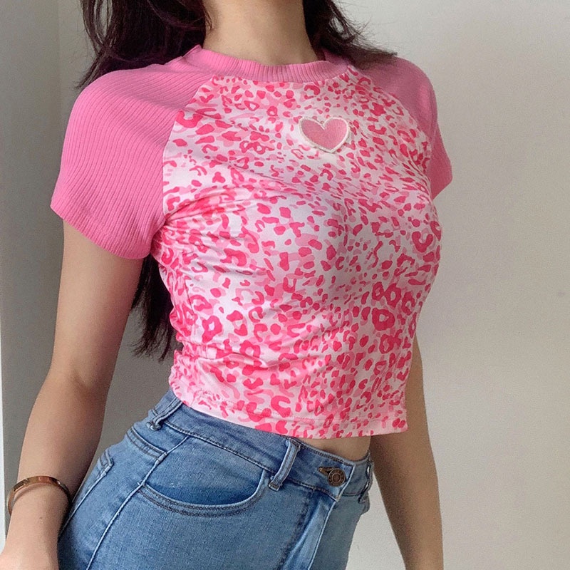 Áo Thun Croptop Tay Ngắn Thêu Họa Tiết Da Báo Thời Trang Mùa Hè Cho Nữ