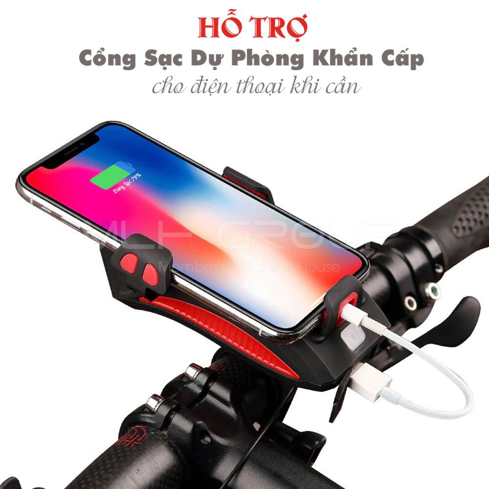 Đèn Xe Đạp Có Còi 4 in 1 Có Giá Đỡ Điện thoại Chống Nước 2 bóng T6 Pin 2000mAh MLH