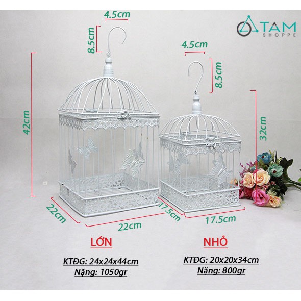 Lồng chim sắt vuông trắng họa tiết bướm H-LCHS-07
