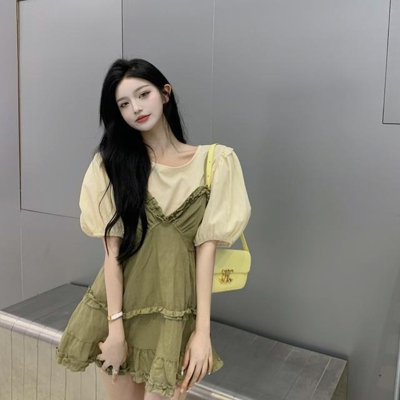 Set Áo Sơ Mi Tay Phồng + Váy Yếm Phong Cách Hàn Quốc Thời Trang Cho Nữ