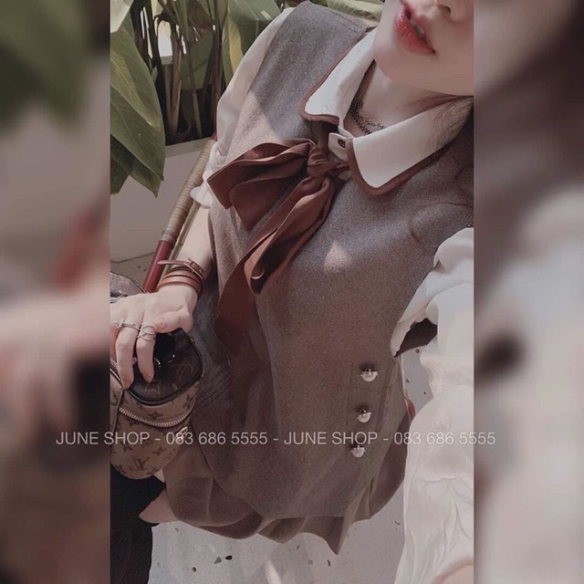 Set áo sơmi thắt nơ siêu xinh kèm áo gile dạ ngoài