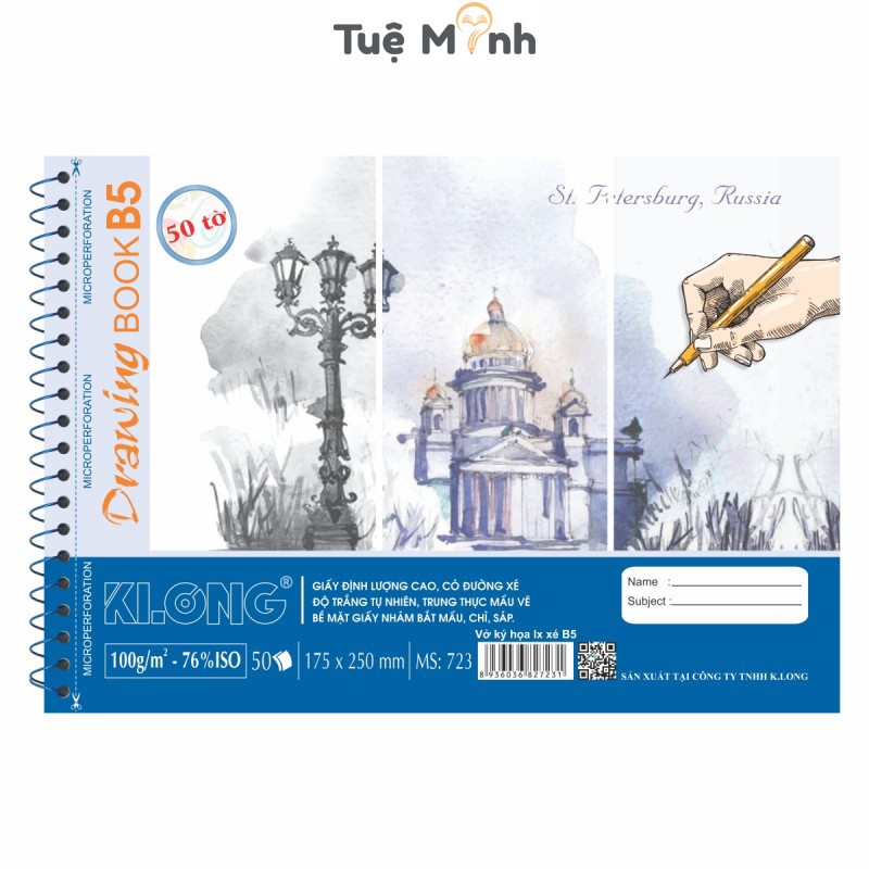 Vở vẽ kỹ họa B5 50 tờ 100 trang gáy lò xo xé thuận tiện KLong MS 723 giấy 100gsm