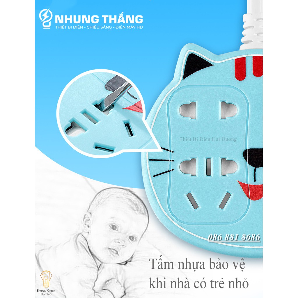 Ổ Cắm Điện Thông Minh OD-315 - Mặt Cún , Mặt Mèo Siêu Dễ Thương -  Dây Điện Dài 2m8 - Tặng Kèm Phích Chuyển Đổi