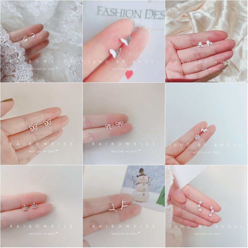Khuyên Tai Mạ Bạc Hình Nơ / Vương Miện / Ngôi Sao / Bông Tuyết / Trái Tim / Vương Miện Mini Thời Trang Ngọt Ngào Cho Nữ