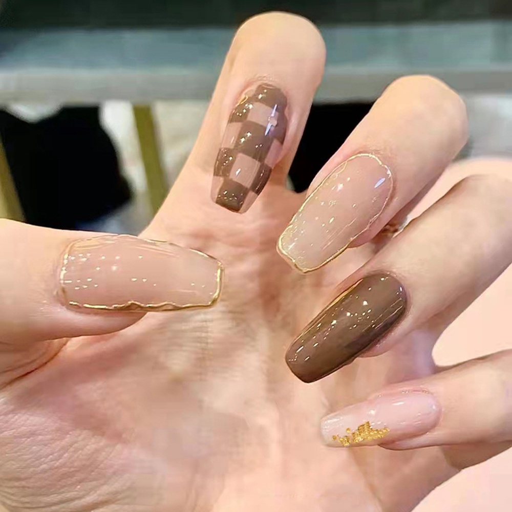 1186 bộ móng tay giả set móng giả trong suốt móng tay giả đính nơ móng tay giả dài vuông set 24 móng tay giả  móng giả thiết kế bàn cờ nâu