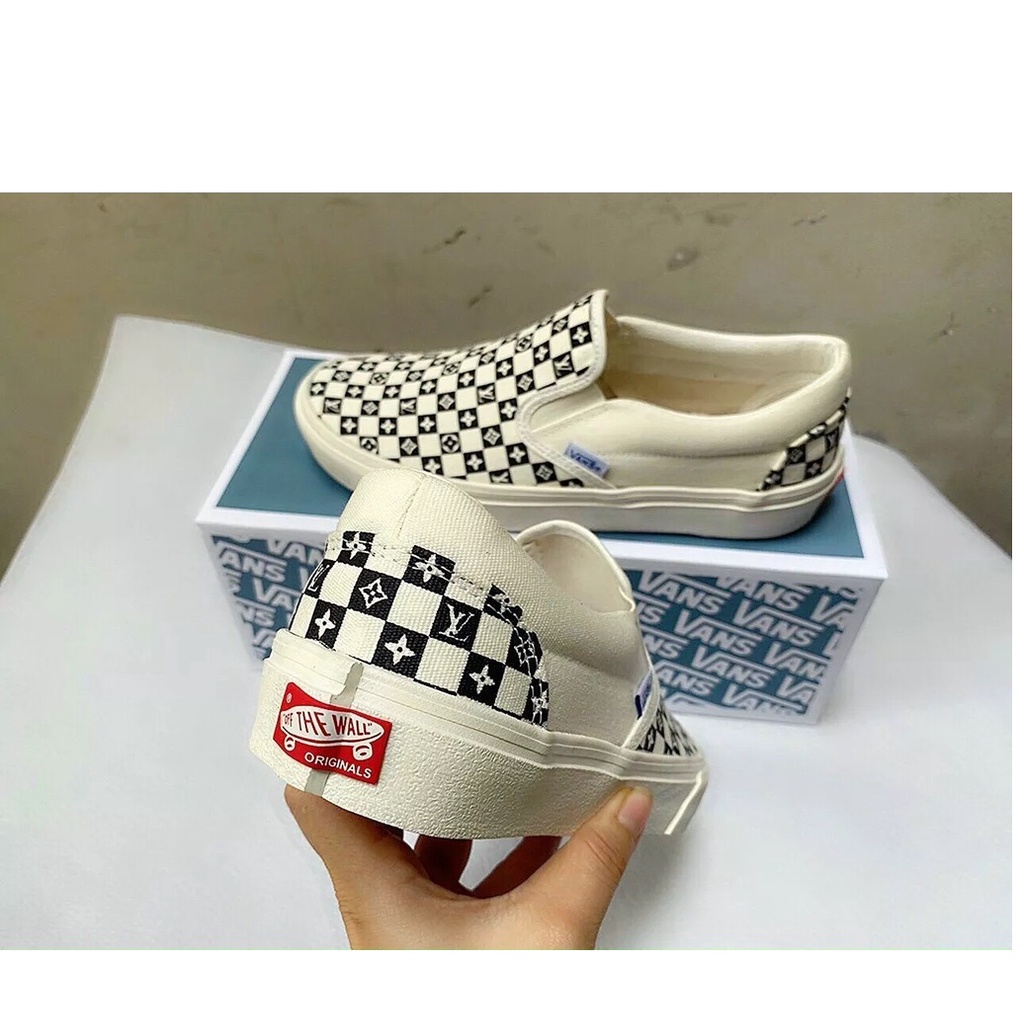Giày Van's Caro LV Lười Trắng Nam Nữ Bản Cực Đẹp FullBox Hàng Độc Quyền