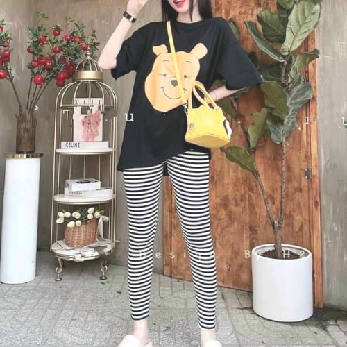 Đồ bộ nữ, set đồ bộ quần legging thun gân borip và áo thun cotton ngắn tay form rộng in gấu, đồ bộ mặc ở nhà