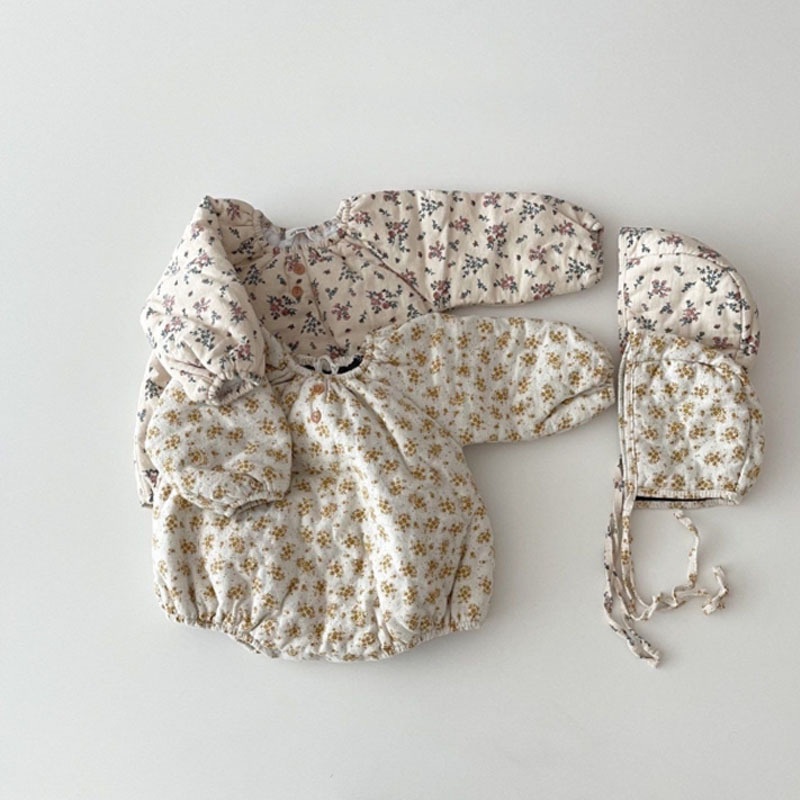 Ins Hot Sale Kids Girls Floral Thicken Romper +Hat