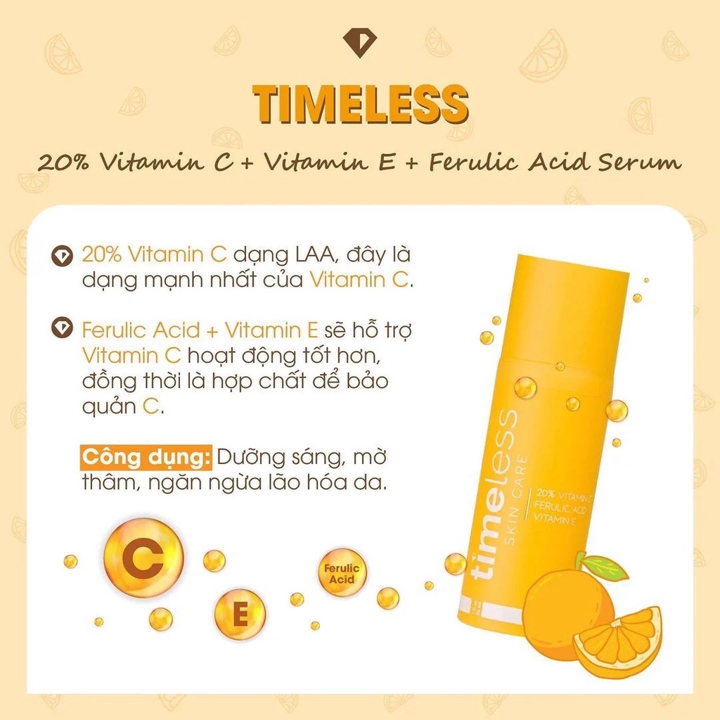 Tinh Chất Dưỡng Trắng Da Giảm Thâm Serum TIMELESS 20% Vitamin C + E + Ferulic Acid 15ml