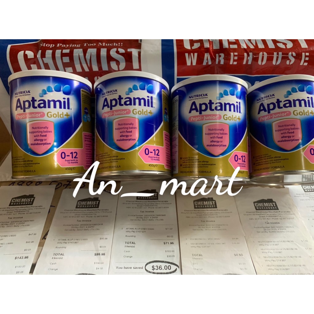 Sữa Aptamil Pepti Junior Gold + có tem chemsit và không tem Hộp 450g Cho Bé Dị Ứng Sữa Đạm Bò Úc Hàng Bay Air