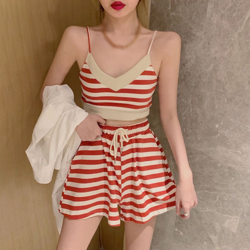 Bộ Áo Hai Dây Kẻ Sọc + Quần Short Dáng Rộng Thời Trang Mùa Hè Cho Nữ