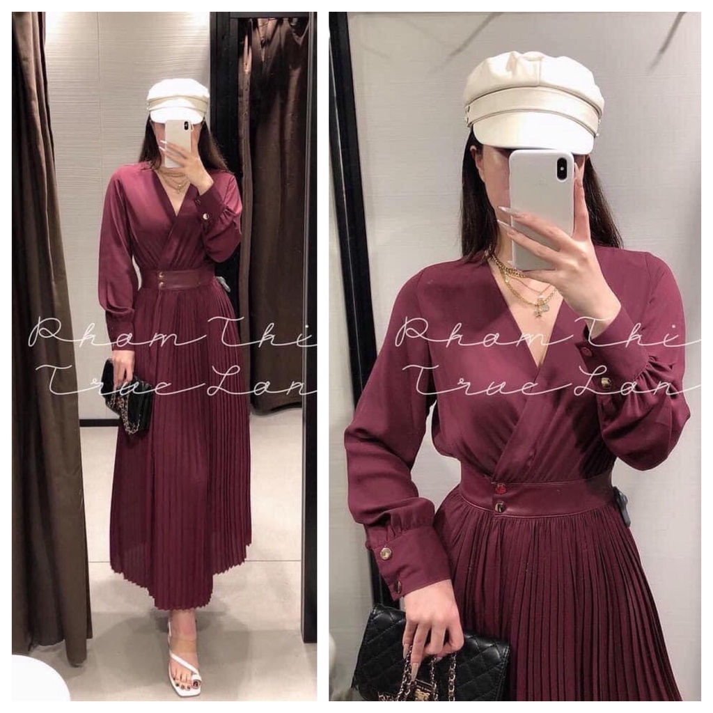 váy dáng dài màu đỏ đun kèm belt da size XS - Zara authentic