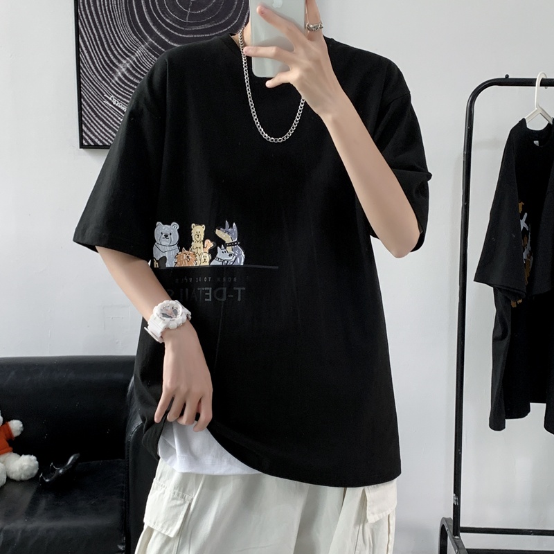 Áo thun nam nữ tay lỡ unisex phông trơn form rộng basic tee hình 7 anh em gấu chó
