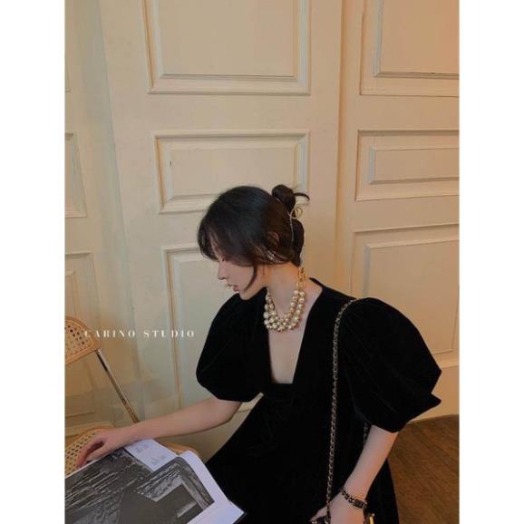 Váy đỏ nữ VAYO Đầm đỏ cổ v tay phồng ngắn đi tiệc noel tết chất nhung mềm đẹp thời trang dáng chữ a dưới 55kg | BigBuy360 - bigbuy360.vn