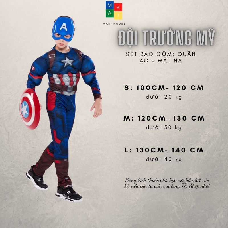 Quần áo người nhện halloween siêu nhân hoá trang trẻ em Maki Đội Trưởng Mỹ. HTC28
