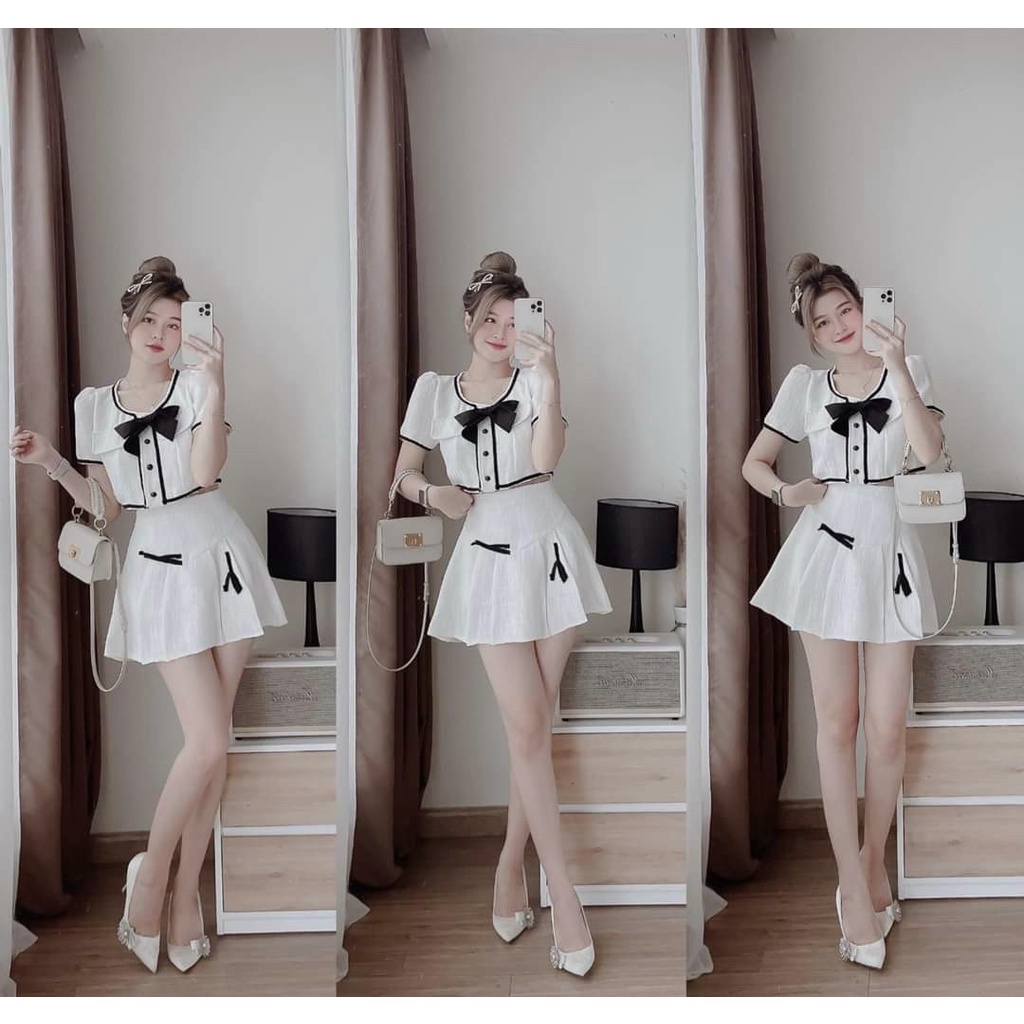 Sét bộ đồ nữ kèm chân váy xếp ly họa tiết áo đính nơ ( có viền ren, cài nút thật ) tôn dáng trẻ trung nhí nhảnh