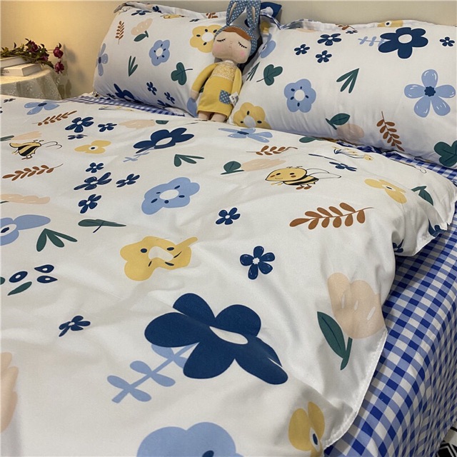 Set Chăn Ga Cotton Poly Hoa Lá Cỏ Ong Ga Kẻ Caro Trắng Xanh Thấm Hút Mồ Hôi Tốt Shinbedding.shop