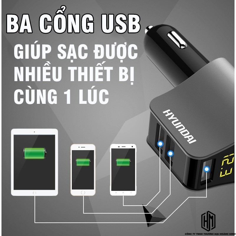 Tẩu Sạc ô tô, xe hơi Hyundai HY-10 gồm 1 Tẩu Tròn (3 USB Nhỏ) - Có đèn led báo điện áp ac quy