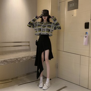 Set áo croptop nữ tay dài cổ tròn + váy đen đuôi cá không đều ulzzang ( 2 màu ) có bán riêng