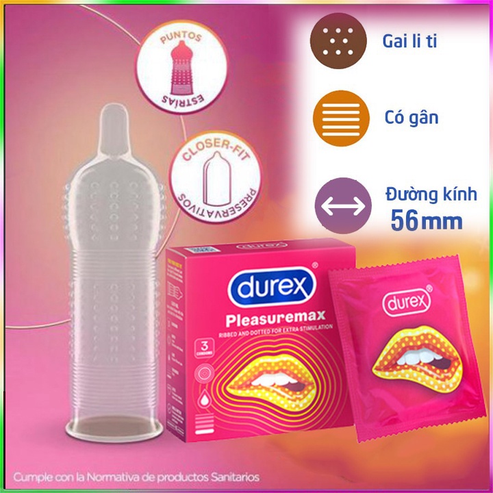 Giá sỉ 1 cái - Bao cao su gai Durex Pleasuremax gân gai, tăng cực khoái chống xuất_tinh sớm - Hanayuki Asia 1 cái