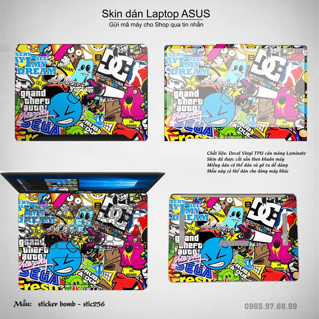 Skin dán Laptop Asus in hình sticker bomb (inbox mã máy cho Shop)